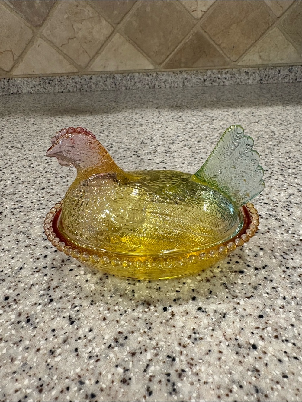 iridescent rainbow glass hen On Nest